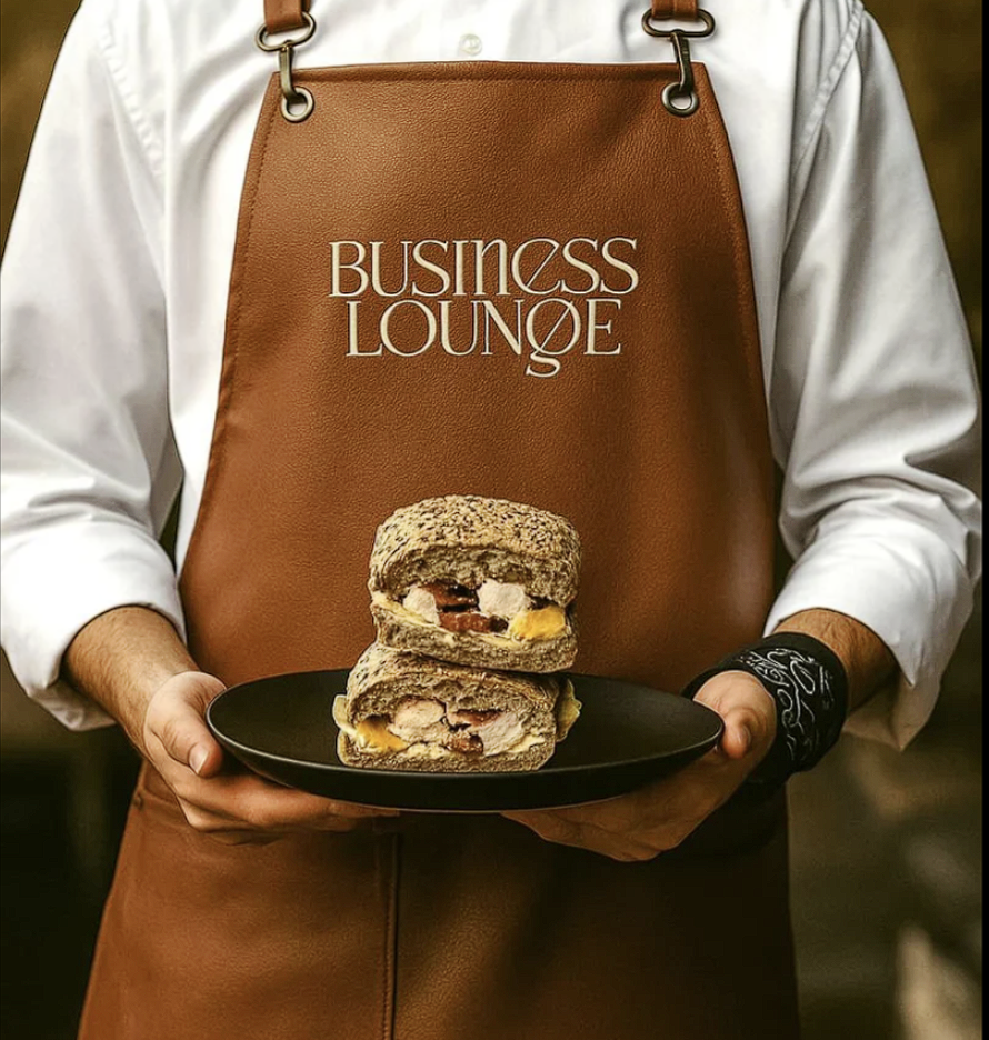 Business Lounge signature apron and sandwich