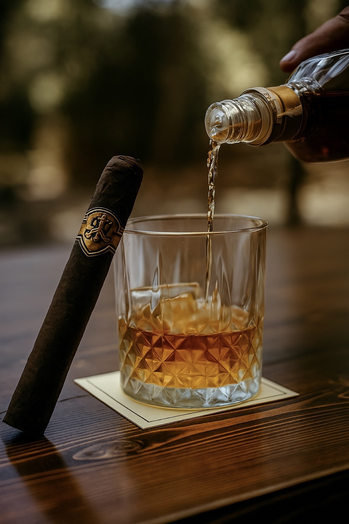 A drink being poured beside a cigar at Business Lounge