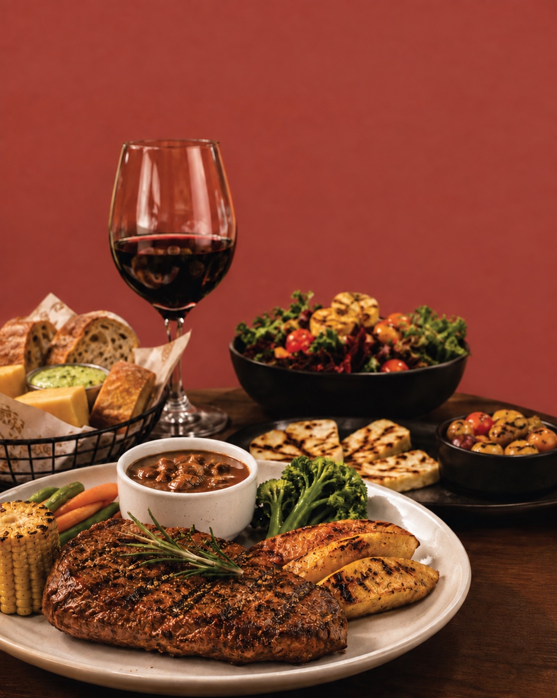 Steak dinner and red wine for Saturday Steak and Wine Night