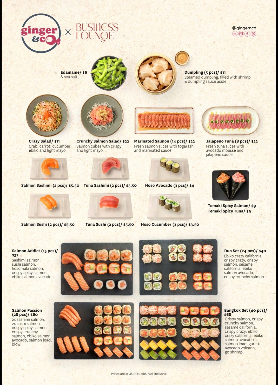 Ginger and Company with Business Lounge Sushi Night menu and prices